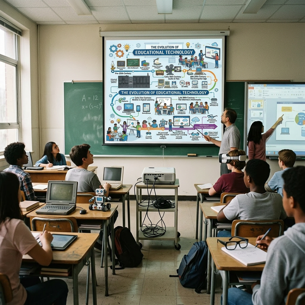 Teacher pointing at a presentation on the evolution of educational technology in a classroom with students using laptops and tablets