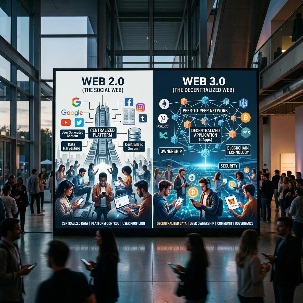 Infographic contrasting Web 2.0 centralized social platforms with Web 3.0 decentralized blockchain applications