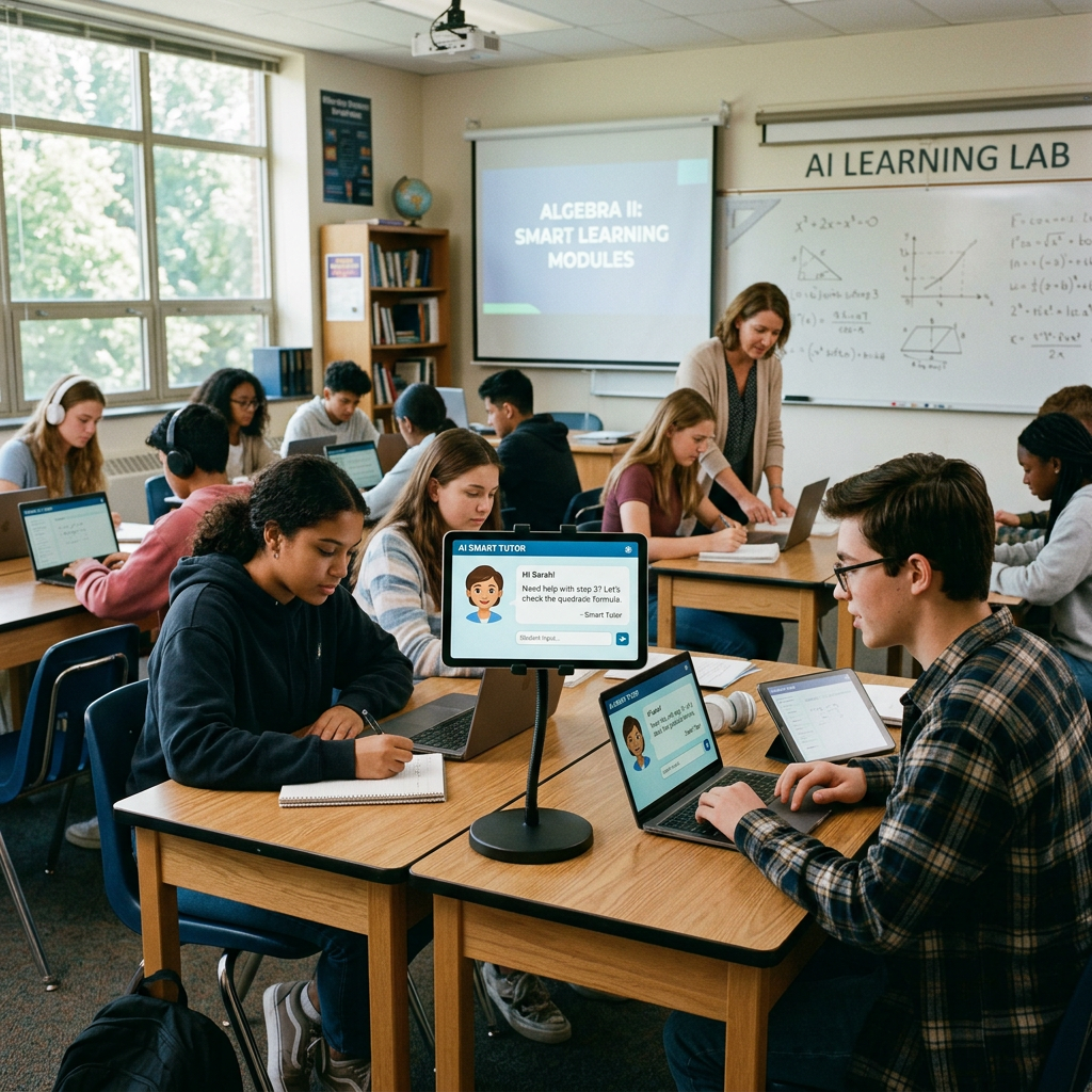 High school students in a classroom using laptops and an AI tutor display for Algebra II smart learning modules