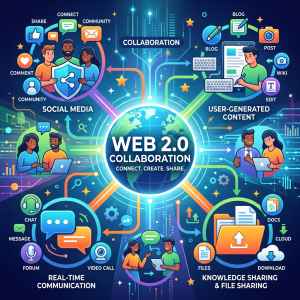 Graphic showing Web 2.0 collaboration concepts like social media, user-generated content, real-time communication, and file sharing surrounding a globe.