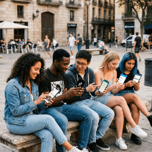 Group of five young adults sitting on a stone bench looking at social media apps on their smartphones.