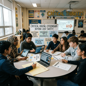 Group of students discussing digital citizenship with laptops and posters
